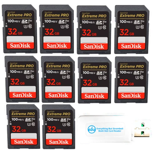 Everything But Stromboli SanDisk 32GB SD Extreme Pro Memory Card (Ten Pack) for Digital DSLR Camera 4K UHD V30 UHS-I Class 10 U3 (SDSDXXO-032G-GN4IN) Bundle with (1) Everything But Stromboli MicroSDHC & SD Card Reader