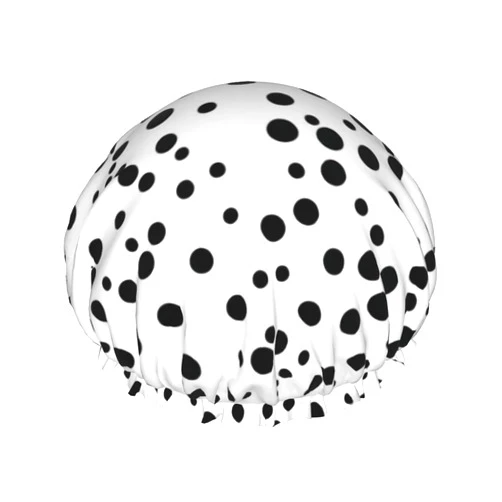MYGANN Black And White Polka Dot Reusable Double Layer Waterproof Shower Cap With Elastic Cord For Home Cleaning Facial Care Shower