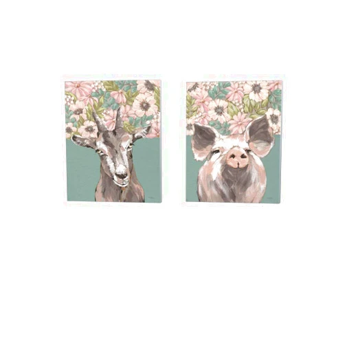 Great Art Gertie the Goat & Patrice the Pig by Michele Norman, 2 Piece Canvas Art Set, 8 X 10 inches Each, Floral Animal Art