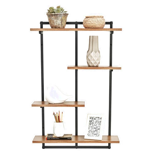 Danya B Rhodes 4 Tier Modern Floating Windowsill Wall Shelf Unit with Metal Frame and MDF Shelves (Black/Walnut)