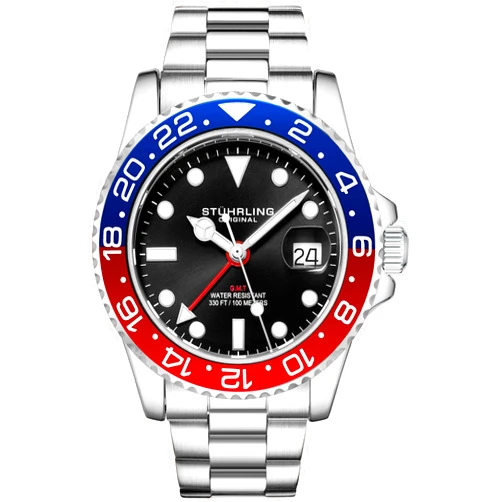 Stuhrling Original Men's Watch Stainless Steel Triple Row Bracelet Dual Time Date with Screw Down Crown