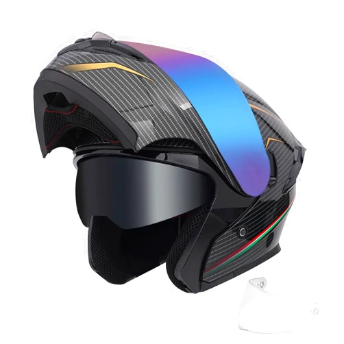 JQF Gear Modular Motorcycle Helmet Dual Visor Flip Up Full Face Helmets FF808 DOT Approved for Adults Men Women (Line Carbon-Fiber Pattern, L)