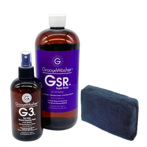 GrooveWasher Two-Step Record Cleaning Bundle – G3 Deep Cleaning Vinyl Record Fluid (8oz) + GSR Super Rinse (32oz) + Lg. Absorbent Microfiber Sponge, Complete 2-Step Kit for Tough to Clean LPs