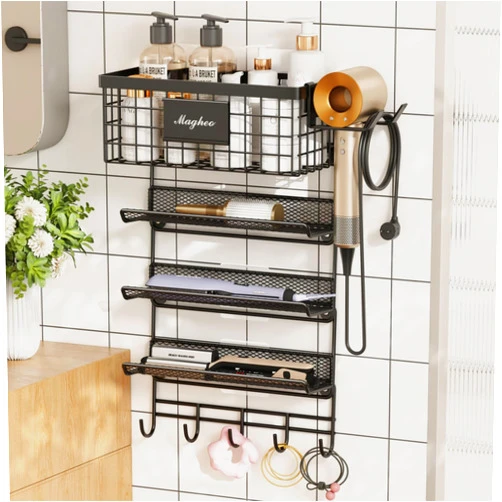Magheo Hair Dryer Holder Wall Mounted, Adheisve Hair Styling Tool Organizer for hair Brush/Appliance Wall Mount with 5 Tier Shelf Basket Hooks Blow Dryer and Straightener Holder for Bathroom(Black)