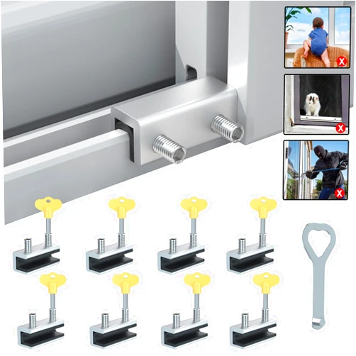 RELIANCER 8 Sets Sliding Window Locks,Aluminum Security Door Window Stoppers,Adjustable Security Window Locks for Horizontal & Vertical Windows Doors,Child Proof Slider Window Locks for Home Safety