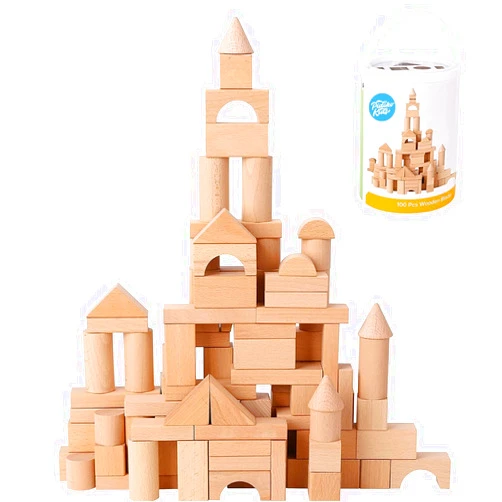Pidoko Kids Wooden Blocks - 100 Pcs - Building Blocks for Toddlers - includes Storage Container with Shape Sorter Lid - Natural Beech Wood Blocks - Preschool Learning Toys Stacking Block