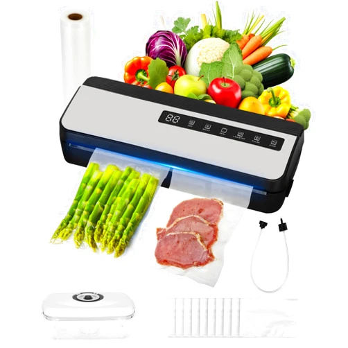 Chaoos Vacuum Sealer Machine, 130W 80KPA 8-IN-1 Vacuum Sealer for Dry/Moist Food, Built-in Cutter ＆ Bag Storage | Digital Countdown, With Air Suction Hose, 1 Vacuum Container,1 Roll Bag,10 Vacuum Bags