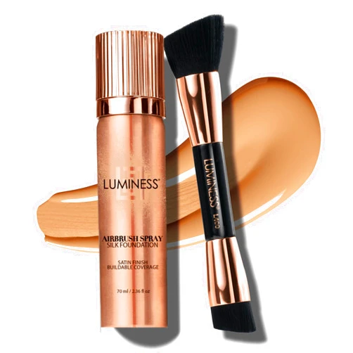 LUMINESS Silk Airbrush Spray Foundation & Buffing Brush Kit – Full Coverage Foundation & Dual-Sided Buffing Brush - Buildable Coverage, Anti-Aging Formula Hydrates & Moisturizes (Shade - Medium)