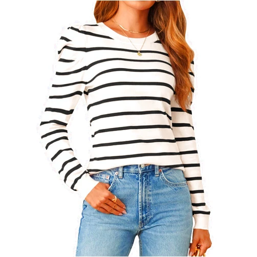 MEROKEETY Women's 2024 Striped Long Puff Sleeve Tops Casual Crew Neck Knit Pullover Sweaters Shirts