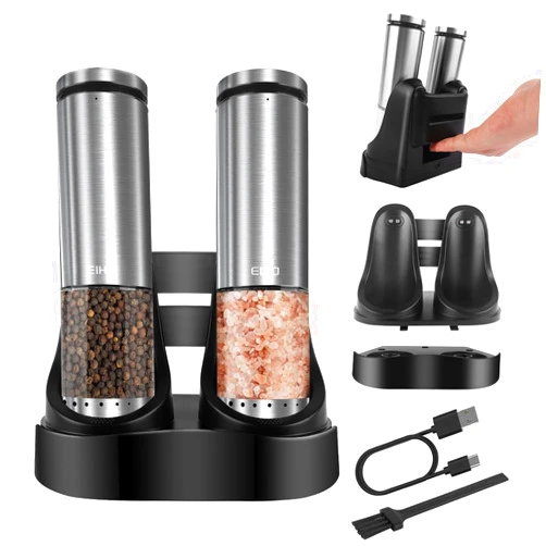 EIHO Electric Salt and Pepper Grinder Set USB Rechargeable, Upgraded External Adjustable Coarseness, Stainless Steel Automatic Salt and Pepper Shakers Mills with LED Light, House Warming Cooking Gifts