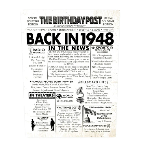 Stuff4 76th Birthday Poster Unframed - Back In 1948 Newspaper - Happy 76th Birthday Gifts for Men Women Vintage Retro Born In 1948, 8x10 Inch Seventy-Six Seventy-Sixth Bday Party Decor Decoration