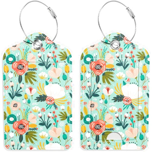 GDJEGE Luggage Tags for Suitcase, 2 Pack PU Leather Travel Cruise Luggage Tag with Privacy Flap, Name ID Label and Metal Loop for Women Men Suitcase Baggage Bag Backpack Instrument, Green Flowers