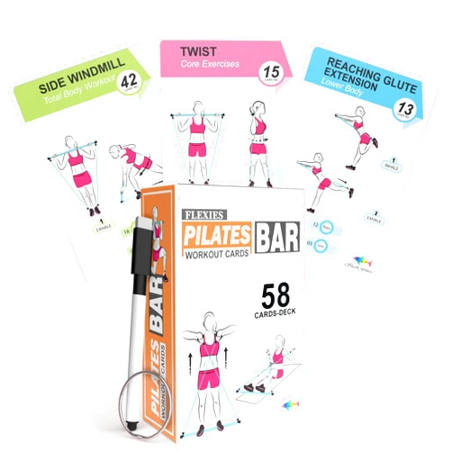 Flexies Pilates Bar Workout Cards - 58 Exercise Cards with Pilates Stick Work Out Postures, Instructions & Breathing Tips | Free Ring & Dry-Erase Marker to Create Your Customize Workout Planner Chart