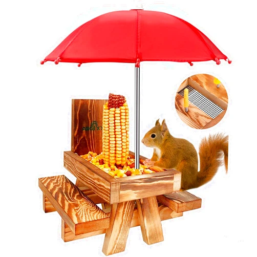 MIXXIDEA Squirrel Feeder Picnic Table with Tall Umbrella, Wooden Squirrel Feeders for Outside, Cute Chipmunk Feeder with Corn Cob Holder, Solid Structure, Thick Wood (Rustic Brown Red Umbrella)