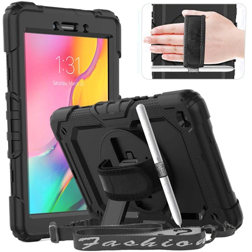 Timecity Case for Samsung Galaxy Tab A 8.0 2019 SM-T290/ T295/ T297, Full-Body Drop-Proof Protection Sturdy Case with Screen Protector Swivel Stand/Handle Shoulder Strap Case for Kids Students, Black