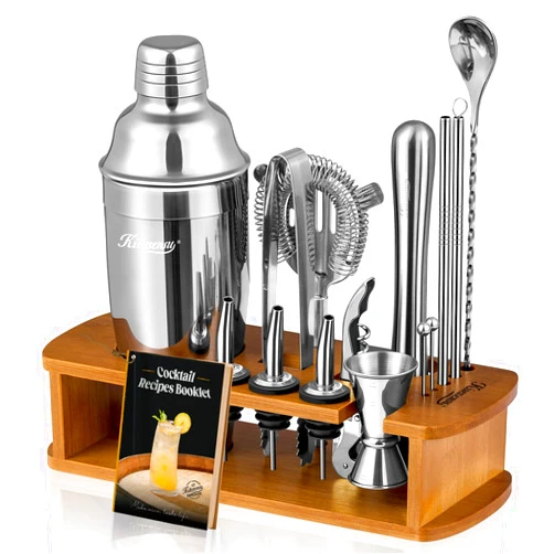 KITESSENSU Cocktail Shaker Set Bartender Kit with Stand | Bar Set Drink Mixer Set with All Essential Accessory Tools: Martini Shaker, Jigger, Strainer, Mixer Spoon, Muddler, Liquor Pourers |Silver