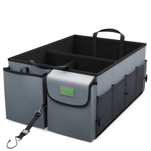 DRIVE AUTO PRODUCTS Drive Auto Car Trunk Organizer - Collapsible, Multi-Compartment Automotive SUV Car Organizer for Storage w/Adjustable Straps - Truck & Car Accessories for Women and Men - Grey