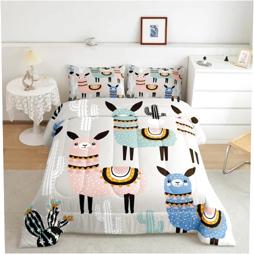 Erosebridal Alpaca Kids Bedding Cute Cartoon Animal Alpaca Comforter Set for Girls Boys Lovely Cactus Print Duvet Set Kawaii Sheep Print Quilts Bedding King Size 3 Pcs with 2 Pillowcases