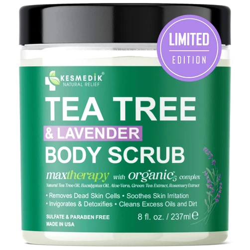 Kesmedik Pure Tea Tree Oil Body & Foot Scrub, Himalayan Salt Exfoliating Scrub with Stem Cells & Shea Butter, Antifungal Defense, Acne Support, Itchy Skin Relief, Removes Dead Skin & Rough Patches