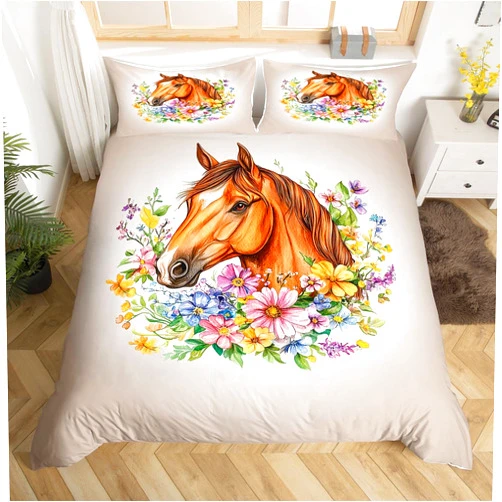 jejeloiu Horse Duvet Cover Queen Size Horse Flowers Comforter Cover for Boys Girls Cute Animal Decor Bedding Set 3Pcs Beautiful Floral Room Decor No Comforter Breathable Soft Lightweight Microfiber