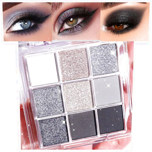 evpct 9 Colors Black Smokey Grey Gray Silver Glitter Shimmer Eye Shadow Makeup Palette Pigmented Black Matte Metallic Eyeshadow Makeup Palette sombra negra para ojos para ojos brillantes