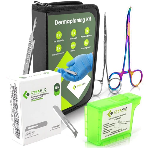 Cynamed Dermaplaning Kit 5PC – 100 Replacement Blades 10R, Premium Blade Remover, Precision Scissors, Hemostats, No.3 Handle & Carrying Case – Professional Exfoliation Tools for Skincare Treatments