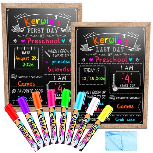 EAONE 12 x 16 in First Day of School Board Sign for All Grades Student, Wood Frame Back to School Chalkboard Sign for Kids 1st and Last Day, Double-Side, with 8 Dry Erase Markers & 1 Wipe Cloth