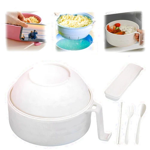 BAUFIX Microwave Ramen Bowl with Lid, 2025 New Noodles Bowl Set with Chopsticks, Spoon, Fork - Portable Cooker for Dorm, Home, Office (White)