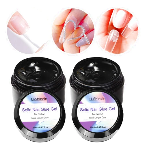 U-Shinein 2x20ml Solid Nail Glue Gel, Nail Tips Glue Gel Press on Nail Gel for Acrylic Nails Tips, Solid Nail Glue Gel, Need LED/UV Nail Lamp Cured