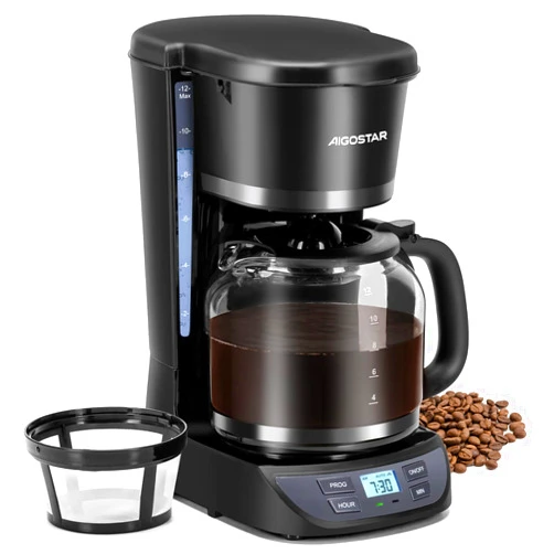 Aigostar Programmable Coffee Maker, 12 Cup Coffee Maker with Glass Carafe, Auto Pause Drip Coffee Maker, 24H Timer and Auto Keep Warm Small Coffee Maker with Permanent Filter, Black