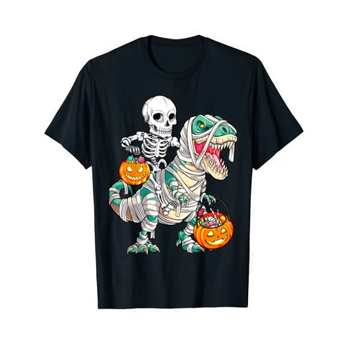 Awkward Halloween Co Skeleton Riding Mummy Dinosaur T rex Halloween Funny Pumpkin T-Shirt