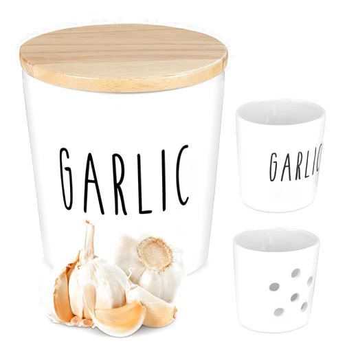 Ultimate Hostess Large Garlic Keeper with Wooden Lid - Garlic Holder Storage - Round Ceramic Garlic Container Storage to Keep Your Garlic Cloves Fresh Longer - Classic White Vented Garlic Keeper for Counter