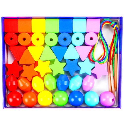Atoylink 42PCS Lacing Beads Montessori Toys for Toddlers Wooden Primary String Threading Beads Rainbow Lacing Toy Preschool Fine Motor Skills Educational Toy for 3 4 5 6 7 8 Years Old Kids Boys Girls