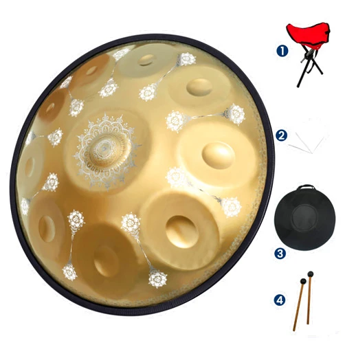 GLADFRESIT Handpan Drum 10 notes, 22 inches, in D minor, comes with a handpan stand, handpan backpack, two mallets, and a cleaning cloth.