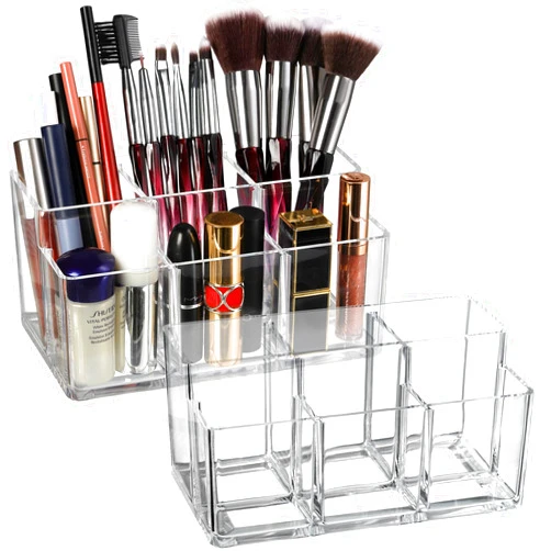 Foraineam 2 Pack Acrylic Makeup Brushes Holder with 6 Slots, Clear Pen Pencil Organizer Desktop Stationery Storage Container, Vanity Cosmetic Eyeliners Eyebrow Pencil Display Case