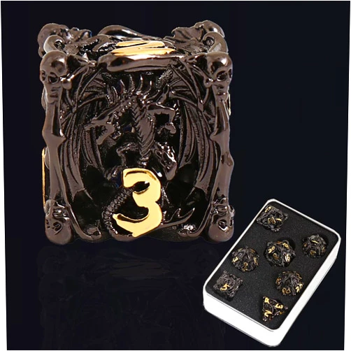 AiErBQ Metal Dice Set DND Game dice Hollow Dragon Shape Black Gold 7-Piece Set is Applicable to Underground City and Dragon RPG Board Game D&D Pathfinder, Mathematics Teaching, etc