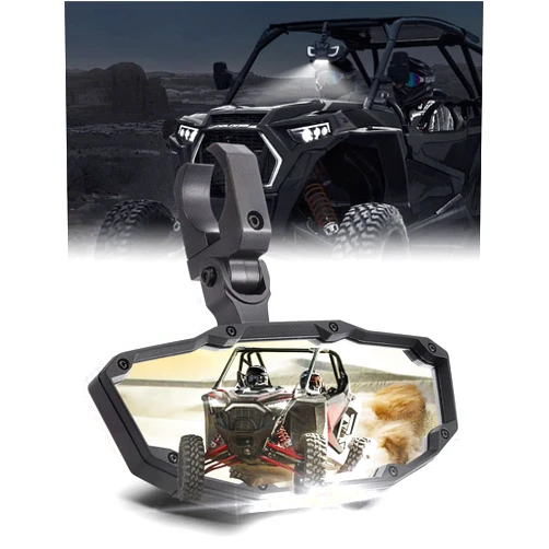 KEMIMOTO UTV Rear View Mirror with Light Built-in Rechargeable Battery, 360° Adjustable Heavy-Duty UTV Mirror Fits 1.5-2 inch Roll Bar Compatible with Polaris RZR Kawasaki Mule Pioneer Talon Can Am X3