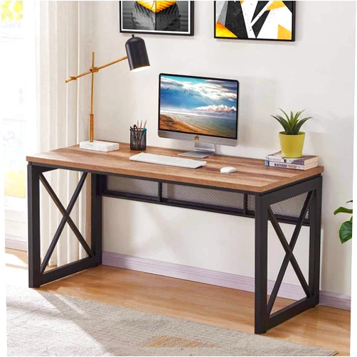 BON AUGURE Industrial Home Office Desks, Rustic Wood Computer Desk, Farmhouse Sturdy Metal Writing Desk (60 Inch, Vintage Oak)