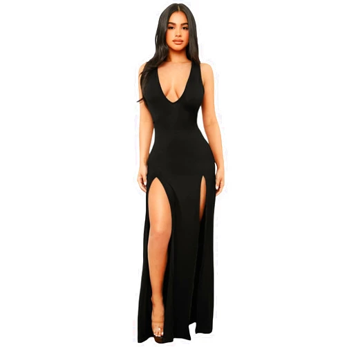 WDIRARA Women's Plunging Deep V Bandage High Split Sexy Dress Solid Bodycon Maxi Dress