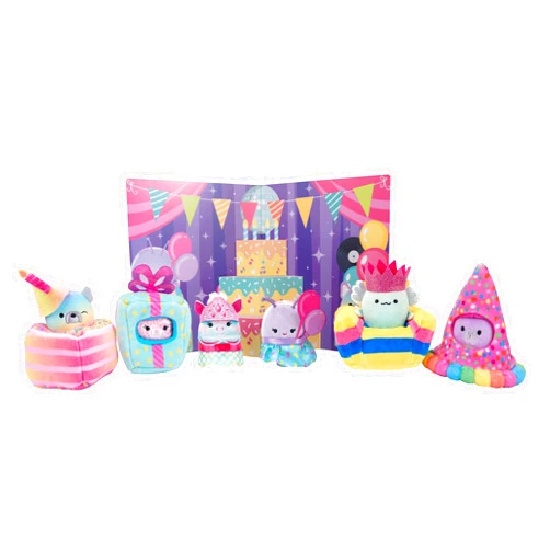 Squishville by Original Squishmallows Birthday Bash Set - Six Exclusive 2-inch Squishmallows Plush, Four Costumes and Accessories, and a Pop-Up Play Display - Toys for Kids