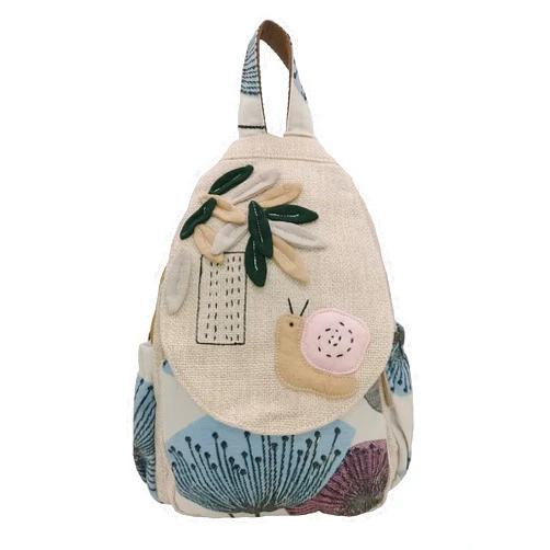 HUANGGUOSHU Women Cotton Woven Hippie Hemp Boho Canvas Embroidery Multi Pocket Retro Cute Backpack Wallet Backpack（Snails）