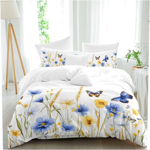 Jimehezon Blue Yellow Floral Queen Size 4 piece Duvet Cover Set, Butterfly Flower Paddy Vintage Comfort Bedding Set, Include 1 Duvet Cover,1 Bed Sheet, 2 Pillowcase with Zipper for All Season