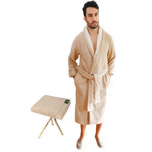 Armani International Men's Shawl Robe Slippers Hand Towel Set - 100% Egyptian Cotton, Beige/Off White, Crafted in Europe