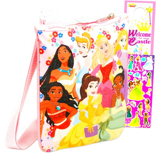 Disney Princess Crossbody Purse for Kids - Handbag Bundle with Crossbody Bag for Girls Featuring Belle, Cinderella, Moana, More Plus Stickers | Disney Princess Accessories Multicolor