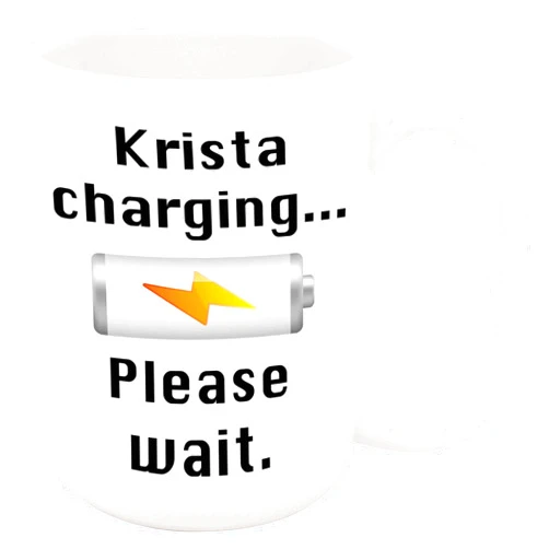 Bouncing Brick Designs Krista Charging Coffee Mug - Personalized Ceramic Cup with Name, Custom Mug, Customized Birthday/Christmas Gift, Holiday Present, 11 Oz