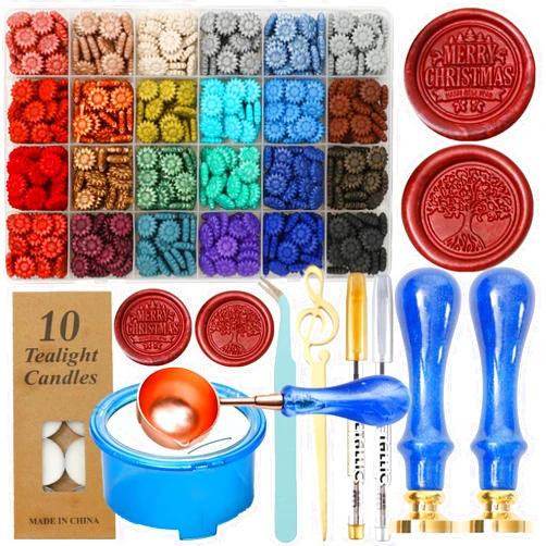 HOSEALING Christmas Wax Seal Stamp Kit, 630 Pcs Wax Seal Beads, 2pcs Wax Seal Stamp, 1Pcs Wax Seal Warmer, 2Pcs Metallic Pens, 1pcs Wax Spoon, 10Pcs White Candles(Stamp Warmer Beads Kit)