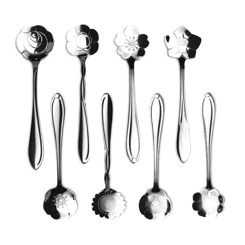 ERCRYSTO Stainless Steel Tableware Creative Flower Coffee Spoon, Stirring Spoon, Sugar Spoon, Stir Bar Spoon, Mixing Spoon, Tea Spoon, Ice Tea Spoon, Ice Cream Spoons, 8 Different Patterns in 1 Set