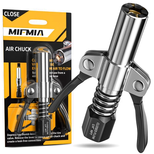 MIFMIA Locking Air Chuck, Heavy Duty Closed Flow with Six Steel Jaws, Locks onto Any Tire Valve, No Leaks or Pop-Offs, Rated to 150 PSI - Closed Flow