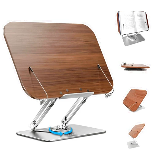 ZEPLORE Book Stand for Reading,360° Walnut, Aluminum Rotating Base, Adjustable Book Stand Holder with Rear Support, Foldable & Lightweight Book Holders for Reading Hands Free,Textbooks, Tablets