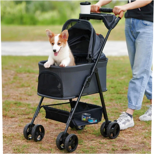 Zoosky 3 in 1 Folding Dog Stroller, Pet Folding Stroller, 4 Wheels Dog/Cat Puppy Stroller w/Removable Travel Carrier for Small/Medium Pet, Waterproof Pad, Car Seat, Sun Shade